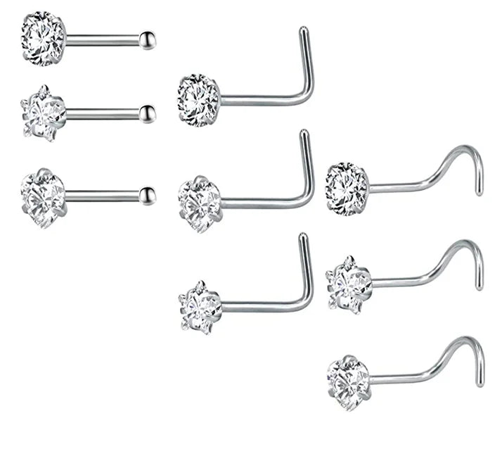 ZS 3-12pcs/lot 20G Stainless Steel Nose Stud Set for Women CZ Crystal Round Nose Piercings L Shape Nostril Piercing Body Jewelry