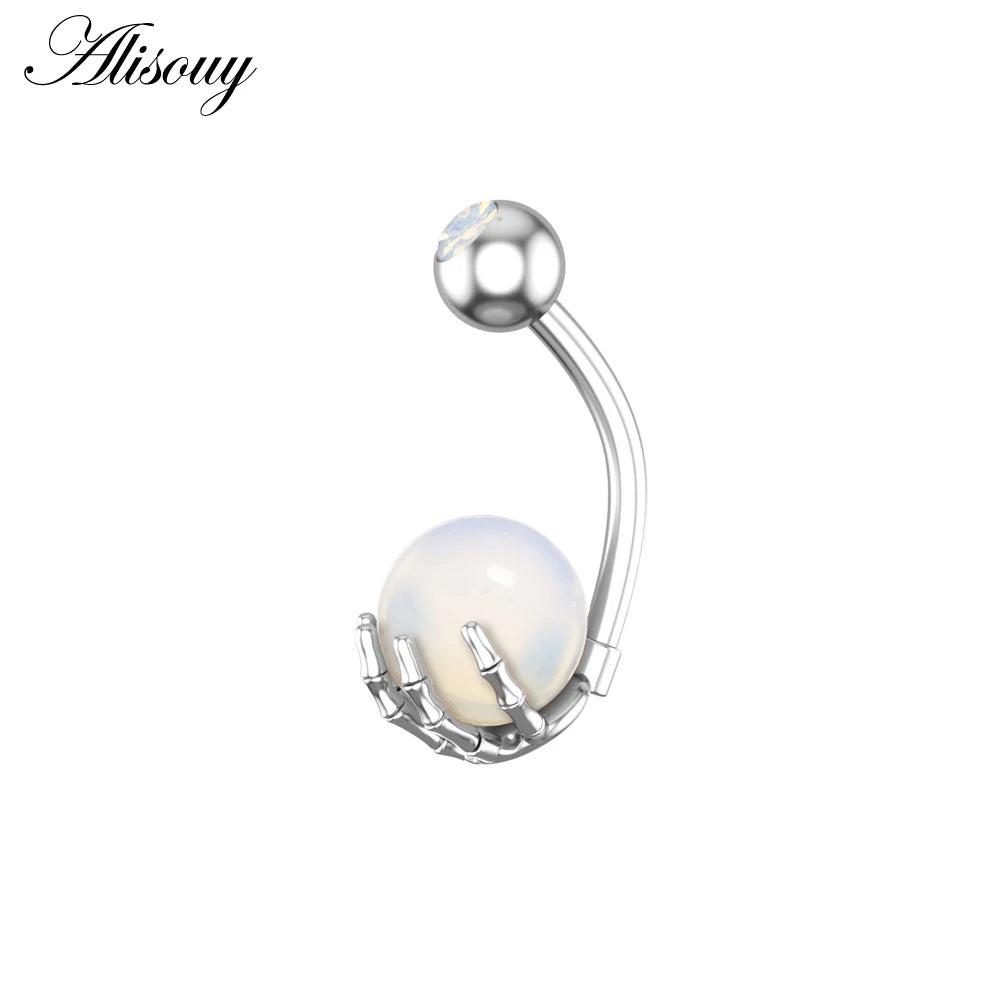 Alisouy 1pc 14G Belly Button Rings Piercing Surgical Steel Zircon Stone Opal Center Claw Shape Women Navel Rings Ombligo Jewelry