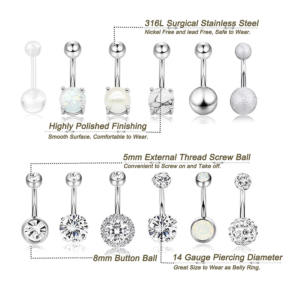 14G 10MM 3/8 Inch 316L Surgical Steel Belly Button Rings Belly Earring CZ Opal Navel Rings Barbell Body Piercings Jewelry Oreja