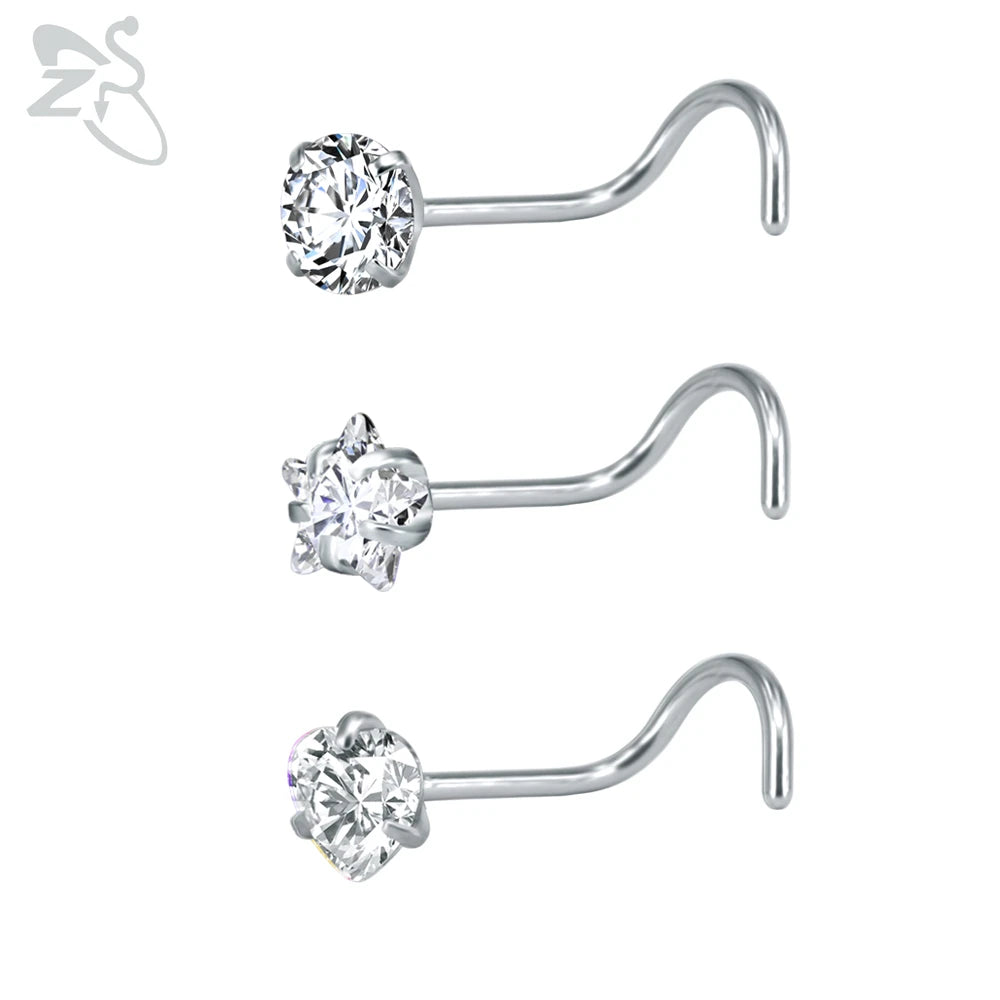ZS 3-12pcs/lot 20G Stainless Steel Nose Stud Set for Women CZ Crystal Round Nose Piercings L Shape Nostril Piercing Body Jewelry