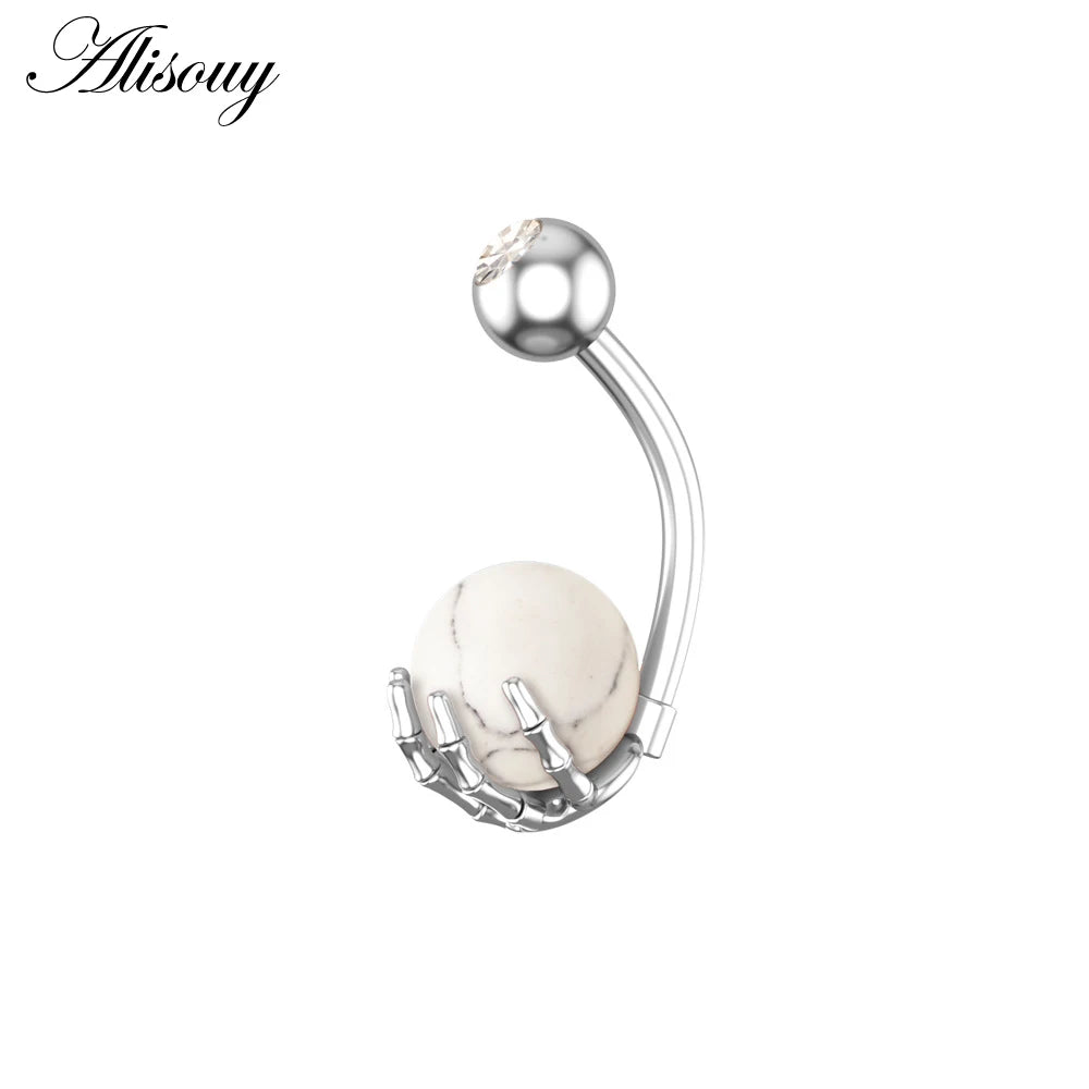 Alisouy 1pc 14G Belly Button Rings Piercing Surgical Steel Zircon Stone Opal Center Claw Shape Women Navel Rings Ombligo Jewelry