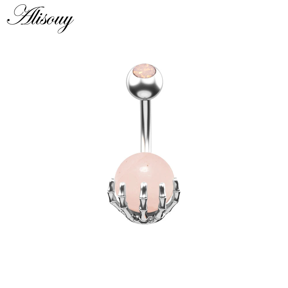 Alisouy 1pc 14G Belly Button Rings Piercing Surgical Steel Zircon Stone Opal Center Claw Shape Women Navel Rings Ombligo Jewelry