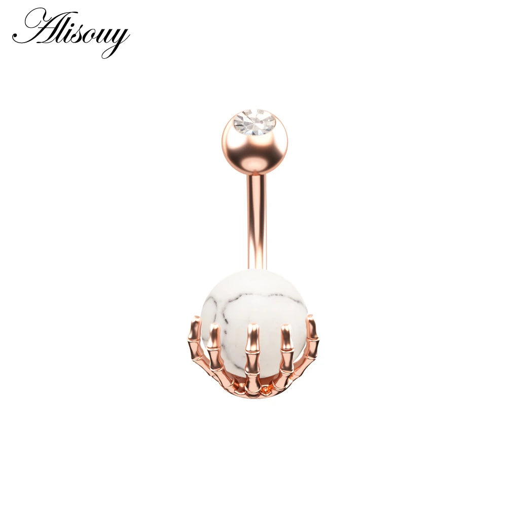 Alisouy 1pc 14G Belly Button Rings Piercing Surgical Steel Zircon Stone Opal Center Claw Shape Women Navel Rings Ombligo Jewelry