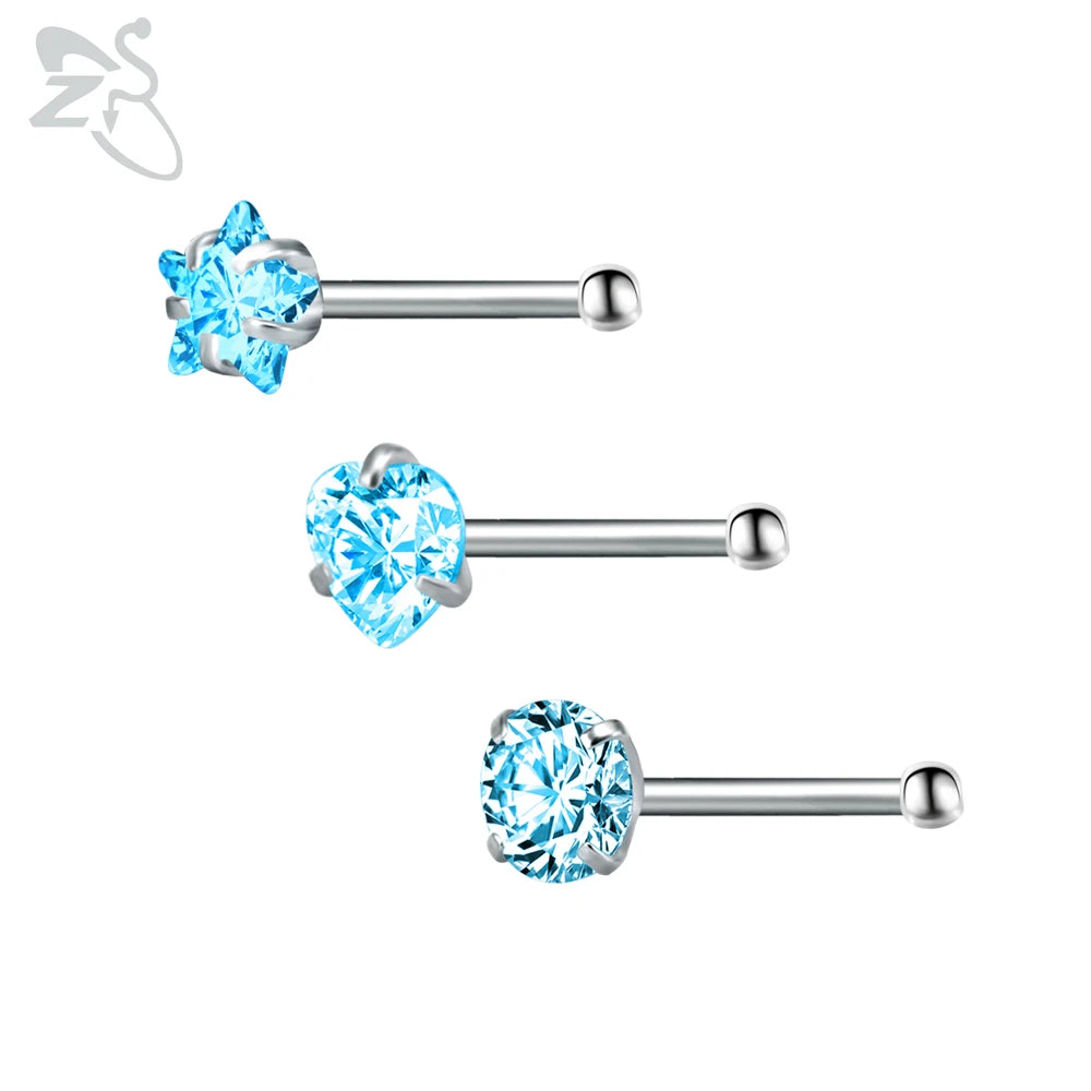 ZS 3-12pcs/lot 20G Stainless Steel Nose Stud Set for Women CZ Crystal Round Nose Piercings L Shape Nostril Piercing Body Jewelry