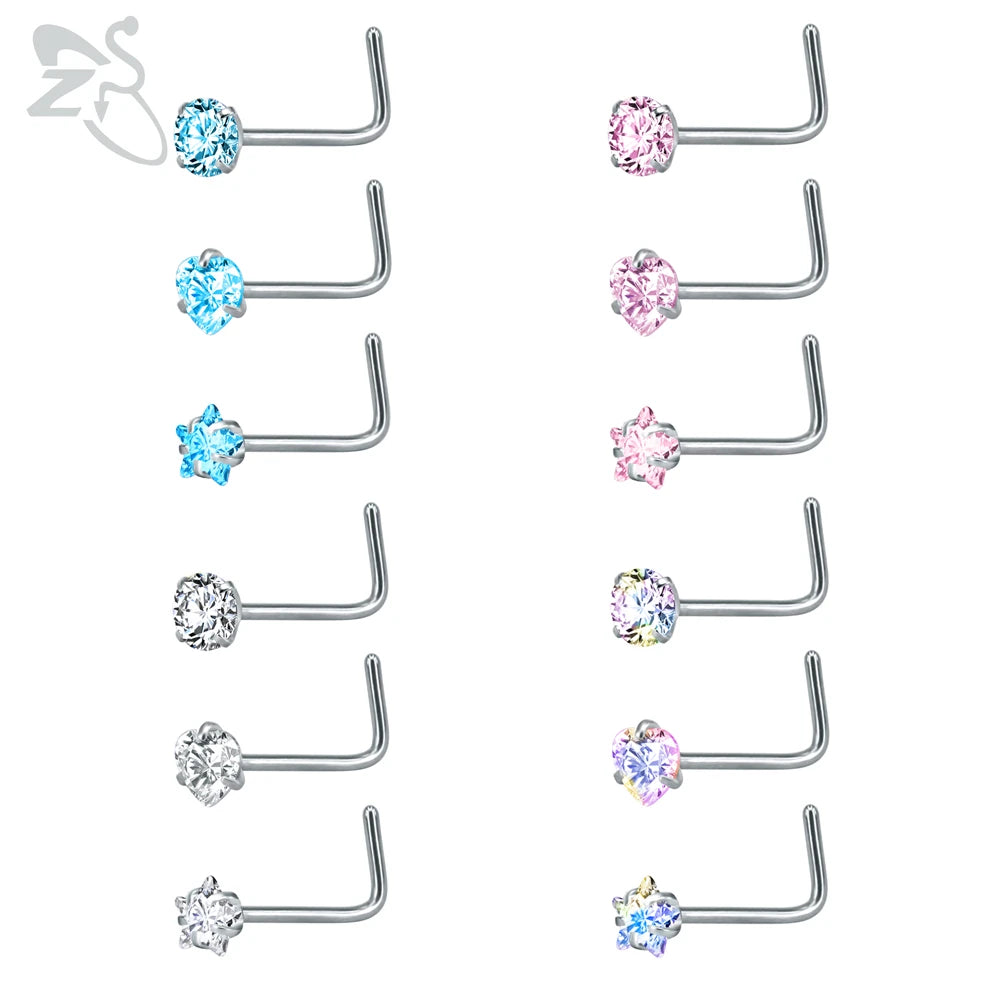ZS 3-12pcs/lot 20G Stainless Steel Nose Stud Set for Women CZ Crystal Round Nose Piercings L Shape Nostril Piercing Body Jewelry