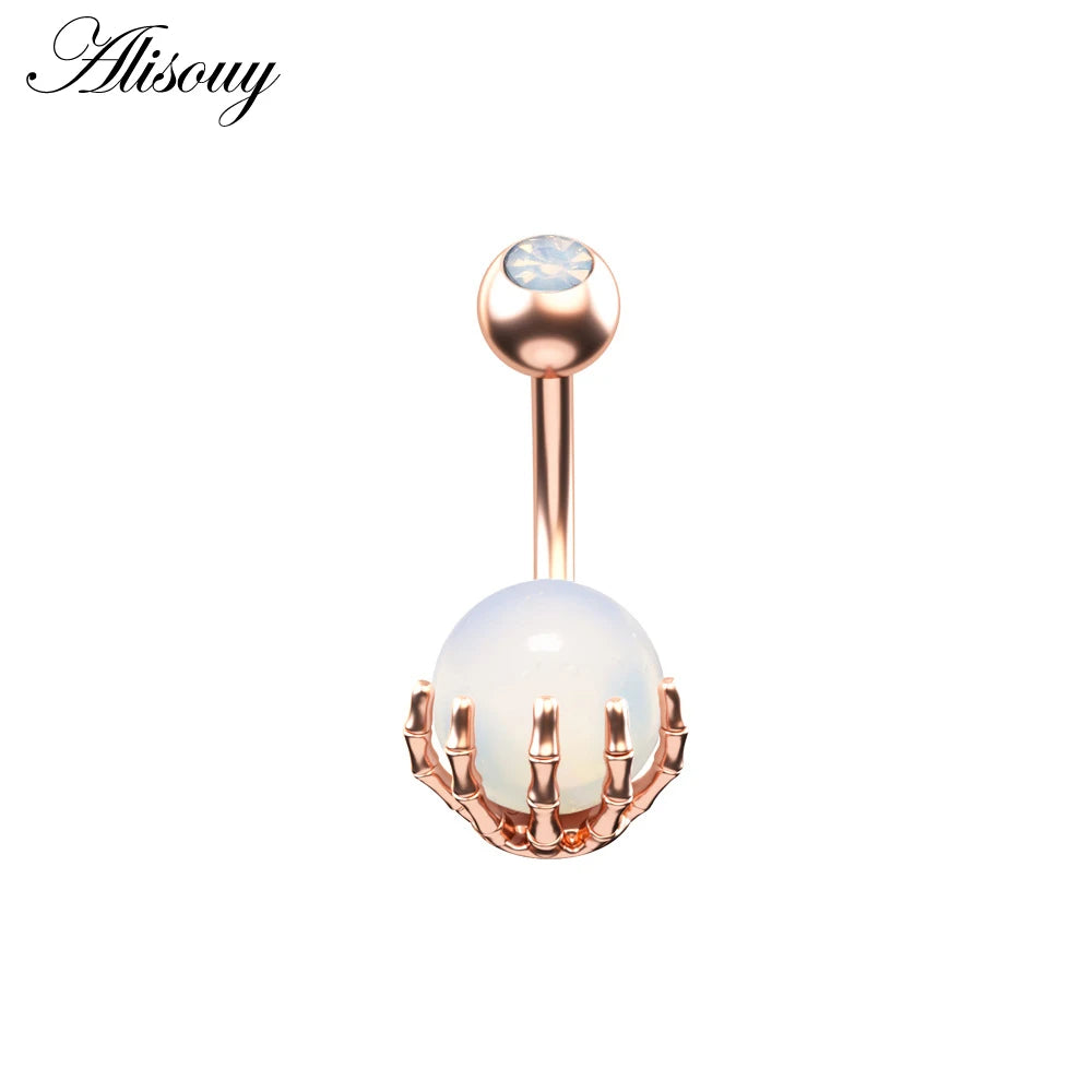 Alisouy 1pc 14G Belly Button Rings Piercing Surgical Steel Zircon Stone Opal Center Claw Shape Women Navel Rings Ombligo Jewelry