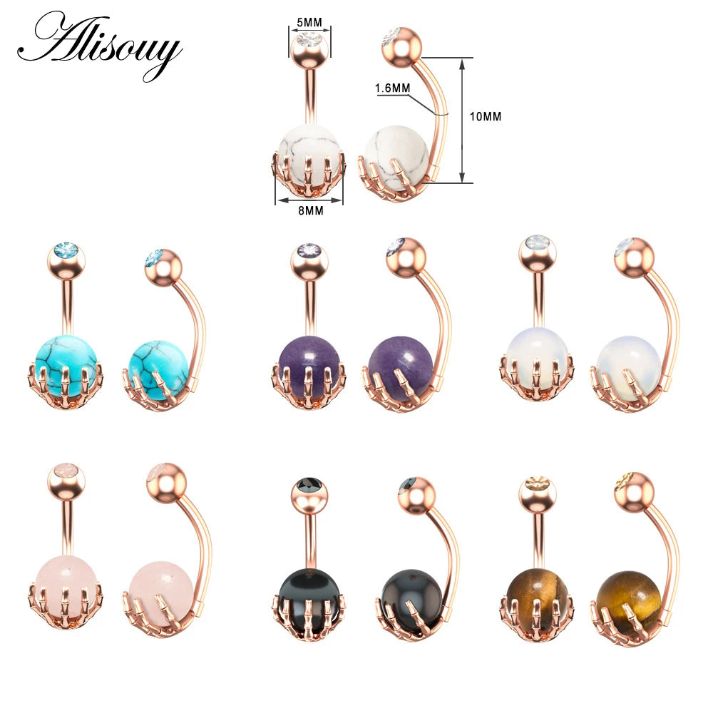 Alisouy 1pc 14G Belly Button Rings Piercing Surgical Steel Zircon Stone Opal Center Claw Shape Women Navel Rings Ombligo Jewelry