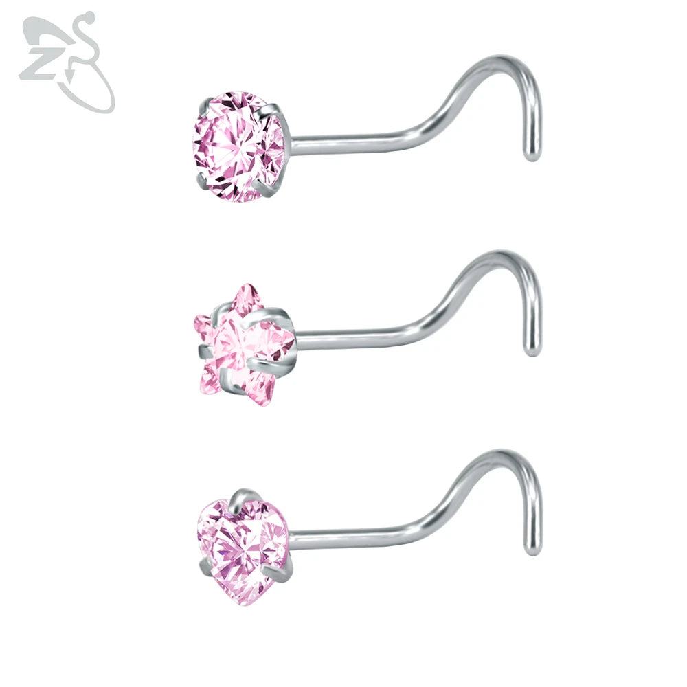 ZS 3-12pcs/lot 20G Stainless Steel Nose Stud Set for Women CZ Crystal Round Nose Piercings L Shape Nostril Piercing Body Jewelry