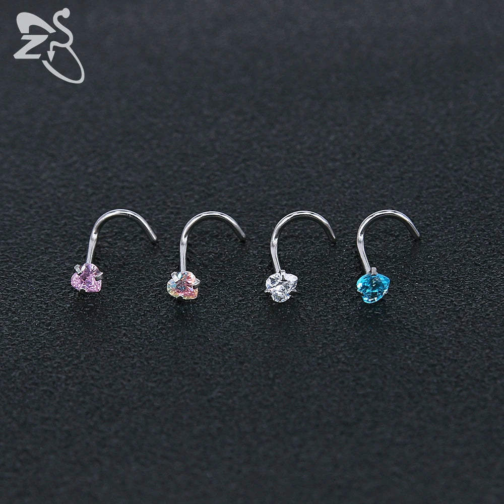 ZS 3-12pcs/lot 20G Stainless Steel Nose Stud Set for Women CZ Crystal Round Nose Piercings L Shape Nostril Piercing Body Jewelry