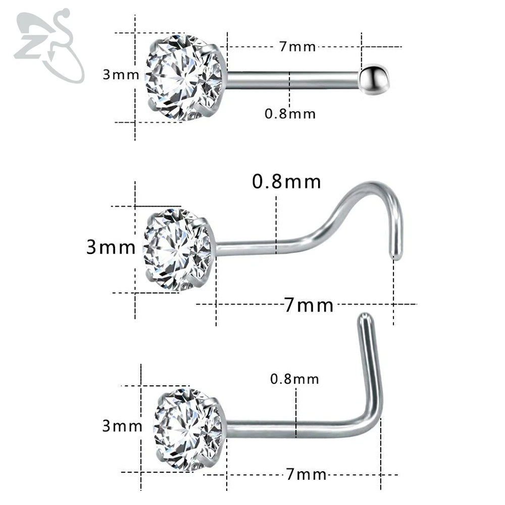 ZS 3-12pcs/lot 20G Stainless Steel Nose Stud Set for Women CZ Crystal Round Nose Piercings L Shape Nostril Piercing Body Jewelry