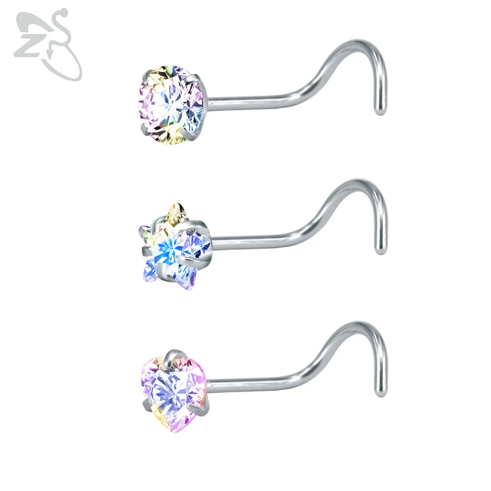 ZS 3-12pcs/lot 20G Stainless Steel Nose Stud Set for Women CZ Crystal Round Nose Piercings L Shape Nostril Piercing Body Jewelry