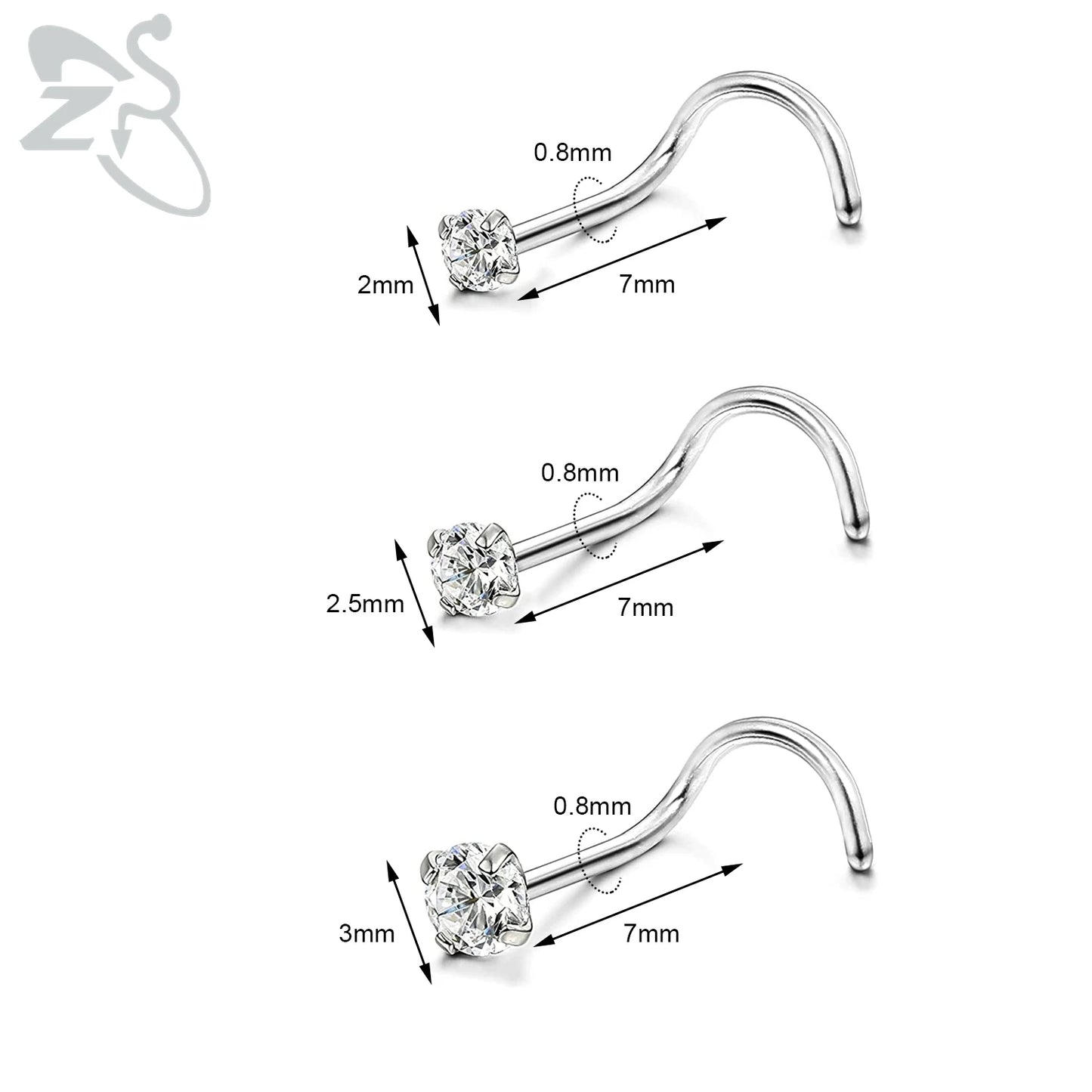 ZS 3-12pcs/lot 20G Stainless Steel Nose Stud Set for Women CZ Crystal Round Nose Piercings L Shape Nostril Piercing Body Jewelry