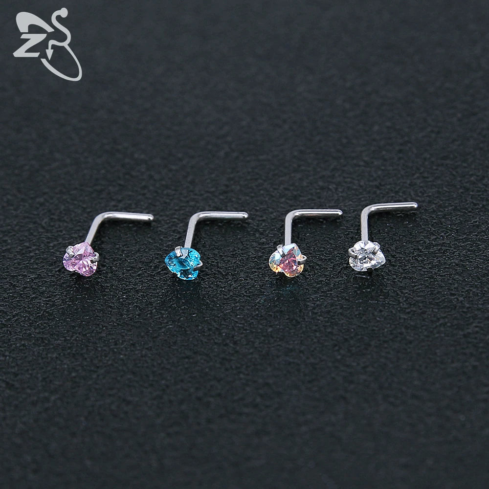 ZS 3-12pcs/lot 20G Stainless Steel Nose Stud Set for Women CZ Crystal Round Nose Piercings L Shape Nostril Piercing Body Jewelry