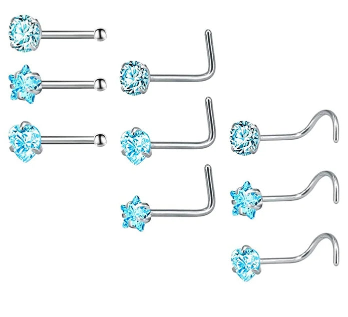 ZS 3-12pcs/lot 20G Stainless Steel Nose Stud Set for Women CZ Crystal Round Nose Piercings L Shape Nostril Piercing Body Jewelry