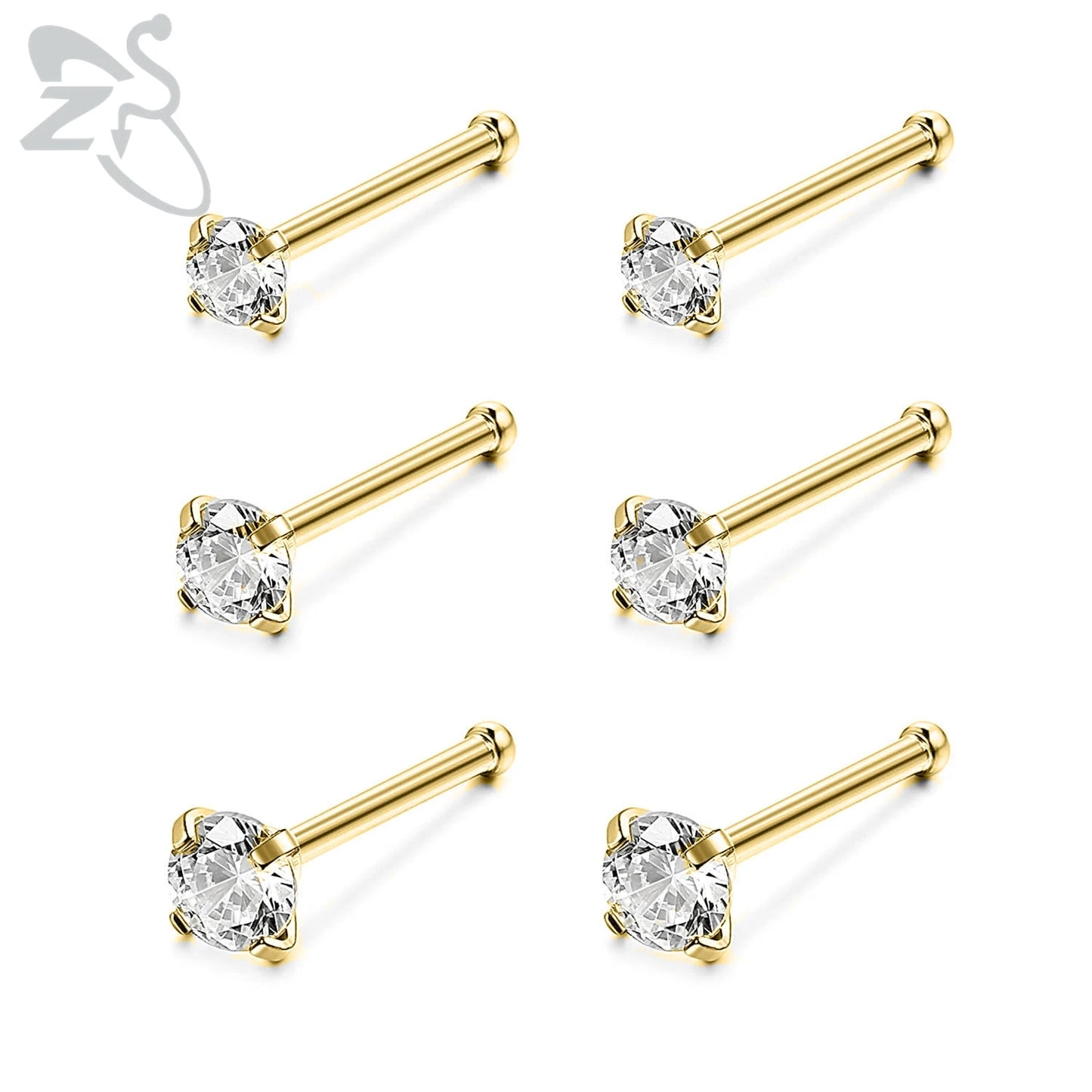 ZS 3-12pcs/lot 20G Stainless Steel Nose Stud Set for Women CZ Crystal Round Nose Piercings L Shape Nostril Piercing Body Jewelry