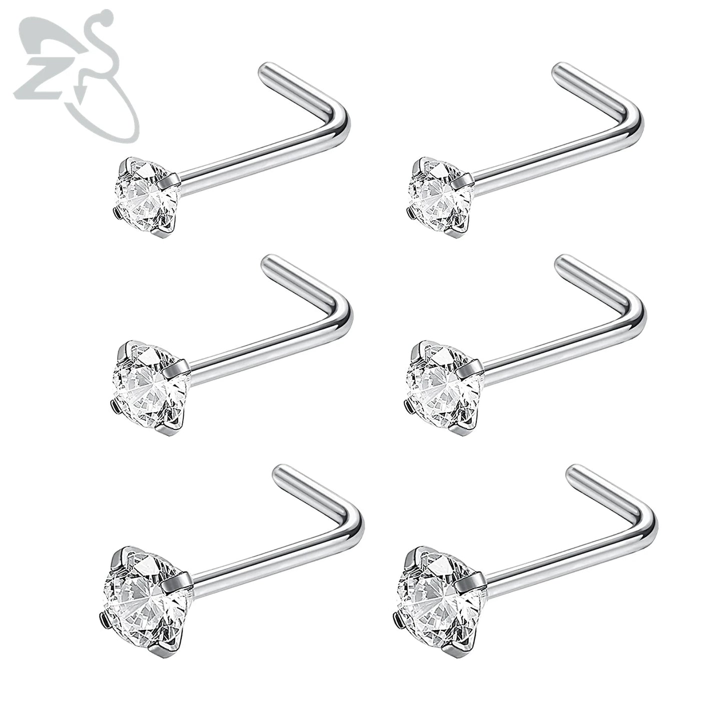 ZS 3-12pcs/lot 20G Stainless Steel Nose Stud Set for Women CZ Crystal Round Nose Piercings L Shape Nostril Piercing Body Jewelry