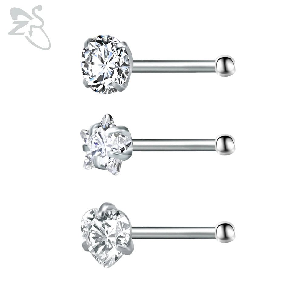 ZS 3-12pcs/lot 20G Stainless Steel Nose Stud Set for Women CZ Crystal Round Nose Piercings L Shape Nostril Piercing Body Jewelry
