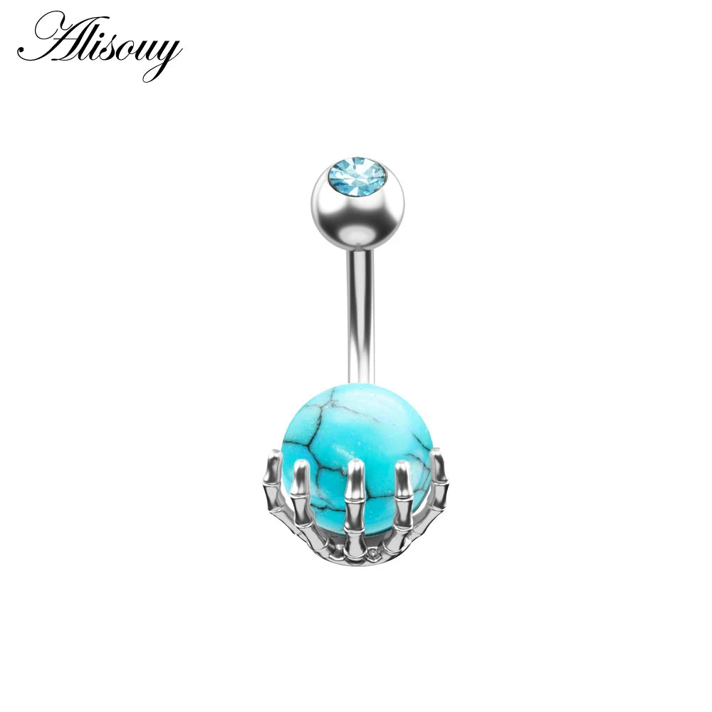 Alisouy 1pc 14G Belly Button Rings Piercing Surgical Steel Zircon Stone Opal Center Claw Shape Women Navel Rings Ombligo Jewelry