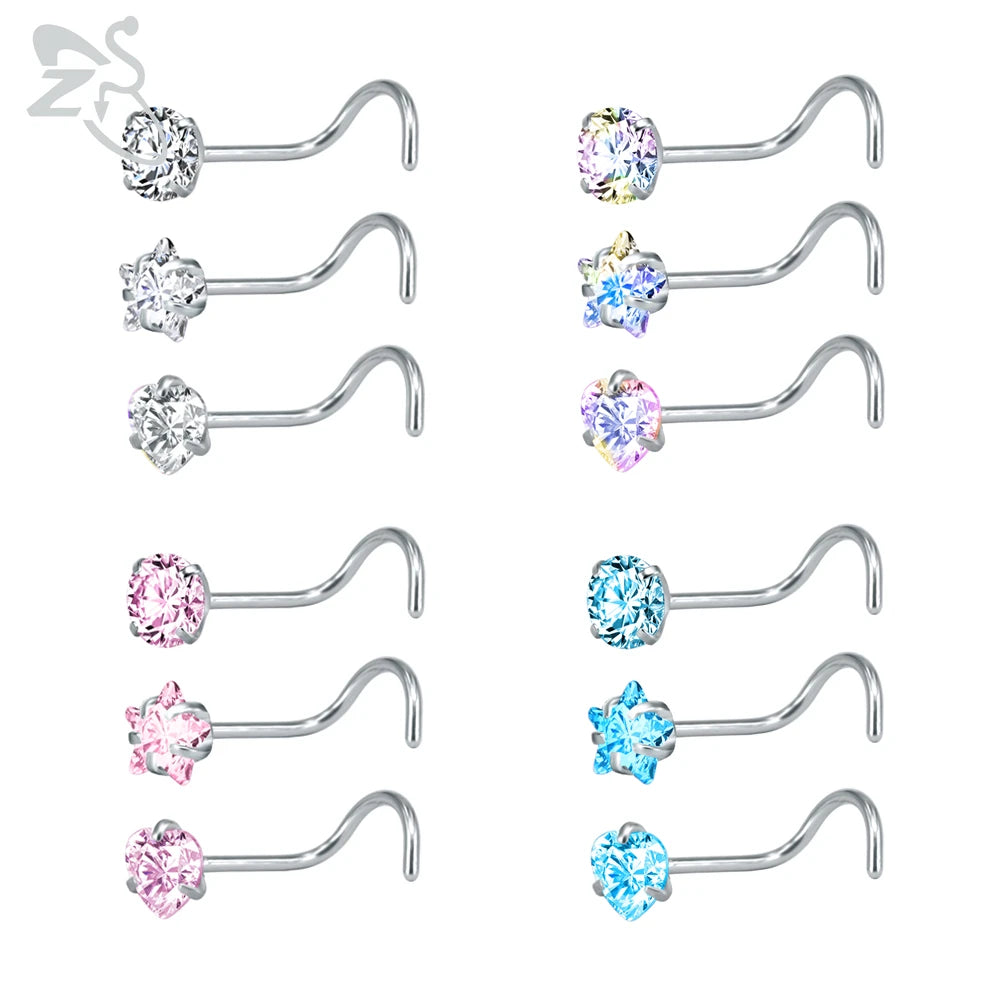 ZS 3-12pcs/lot 20G Stainless Steel Nose Stud Set for Women CZ Crystal Round Nose Piercings L Shape Nostril Piercing Body Jewelry