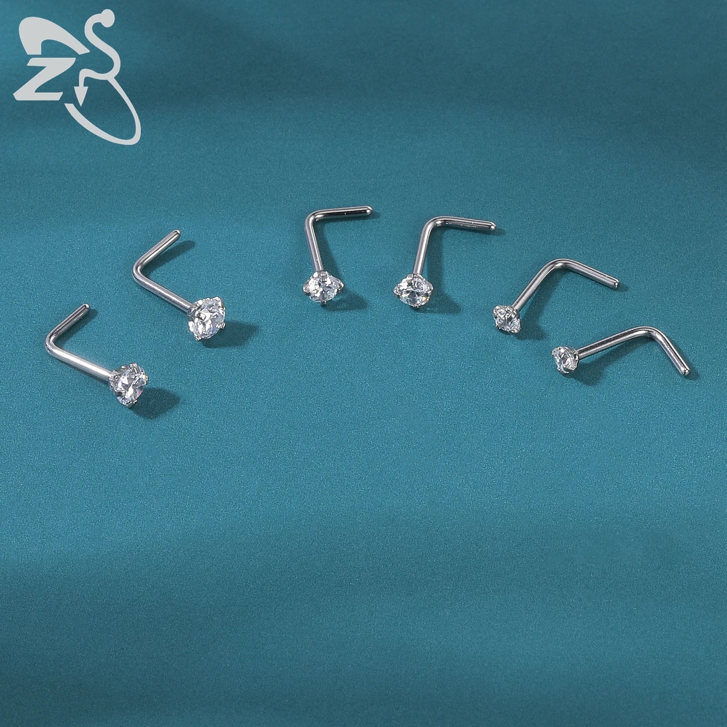 ZS 3-12pcs/lot 20G Stainless Steel Nose Stud Set for Women CZ Crystal Round Nose Piercings L Shape Nostril Piercing Body Jewelry