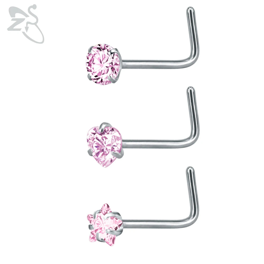 ZS 3-12pcs/lot 20G Stainless Steel Nose Stud Set for Women CZ Crystal Round Nose Piercings L Shape Nostril Piercing Body Jewelry