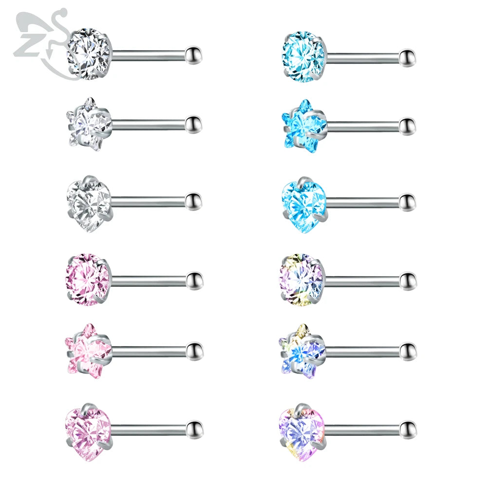 ZS 3-12pcs/lot 20G Stainless Steel Nose Stud Set for Women CZ Crystal Round Nose Piercings L Shape Nostril Piercing Body Jewelry