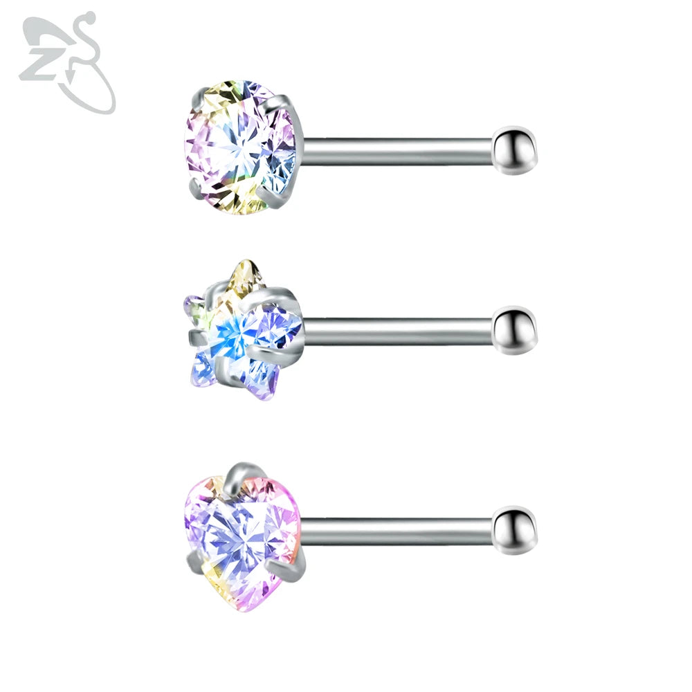 ZS 3-12pcs/lot 20G Stainless Steel Nose Stud Set for Women CZ Crystal Round Nose Piercings L Shape Nostril Piercing Body Jewelry
