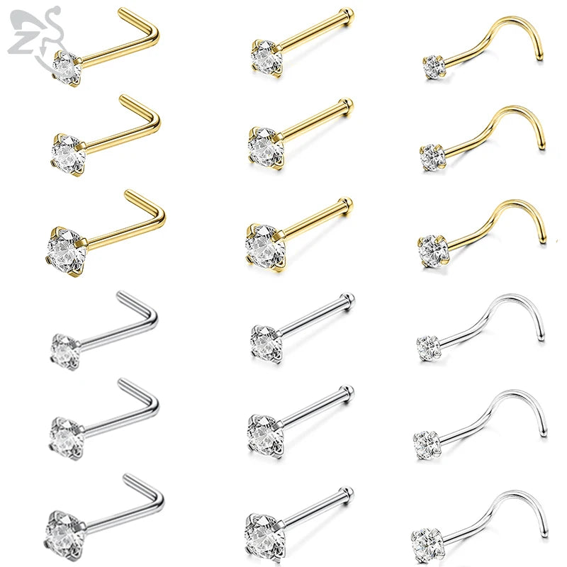 ZS 3-12pcs/lot 20G Stainless Steel Nose Stud Set for Women CZ Crystal Round Nose Piercings L Shape Nostril Piercing Body Jewelry
