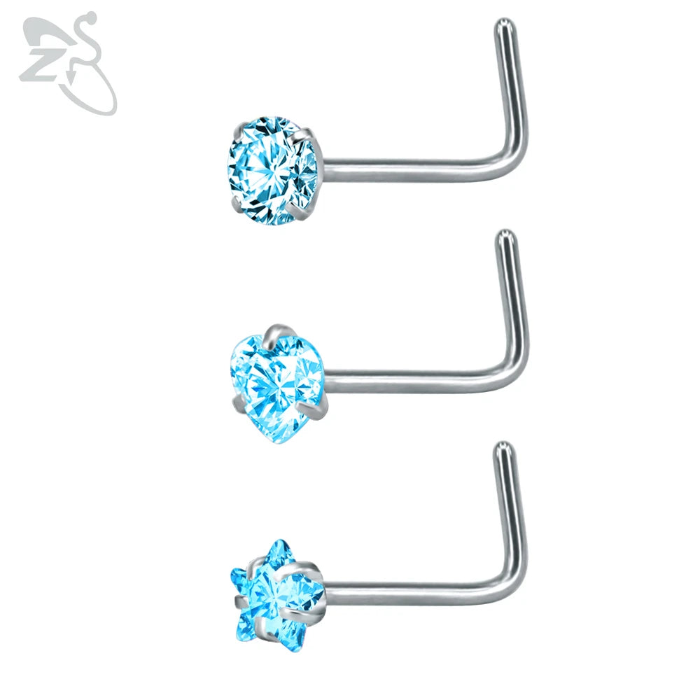 ZS 3-12pcs/lot 20G Stainless Steel Nose Stud Set for Women CZ Crystal Round Nose Piercings L Shape Nostril Piercing Body Jewelry