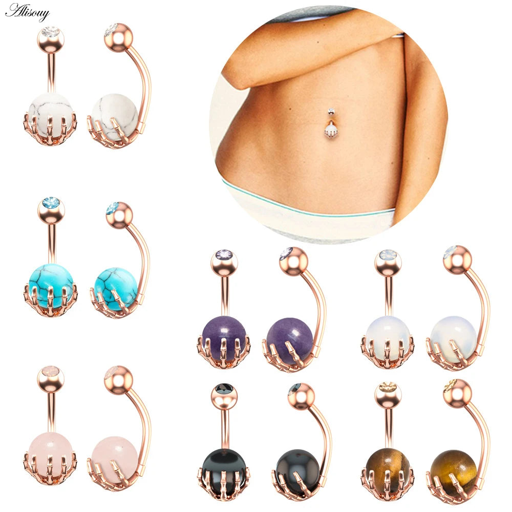Alisouy 1pc 14G Belly Button Rings Piercing Surgical Steel Zircon Stone Opal Center Claw Shape Women Navel Rings Ombligo Jewelry