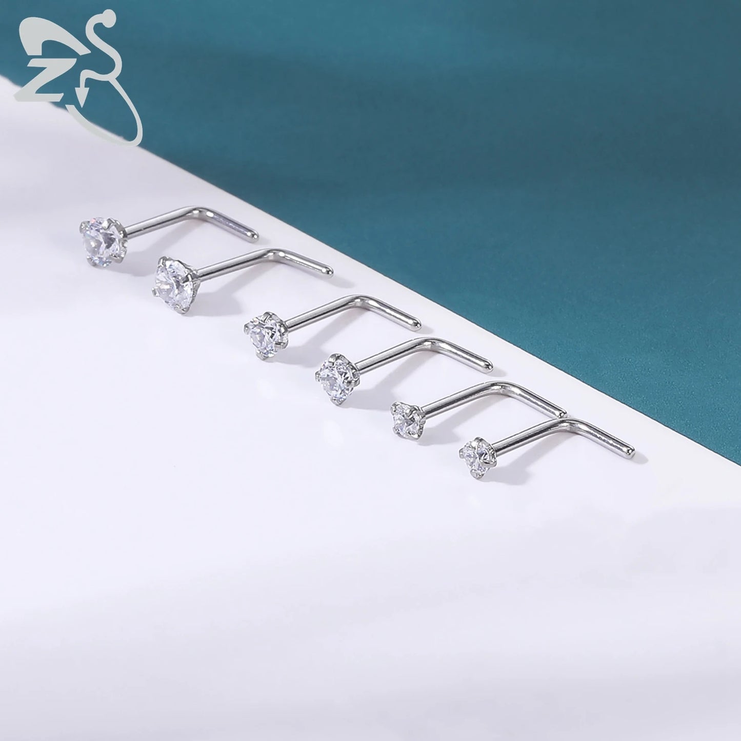 ZS 3-12pcs/lot 20G Stainless Steel Nose Stud Set for Women CZ Crystal Round Nose Piercings L Shape Nostril Piercing Body Jewelry