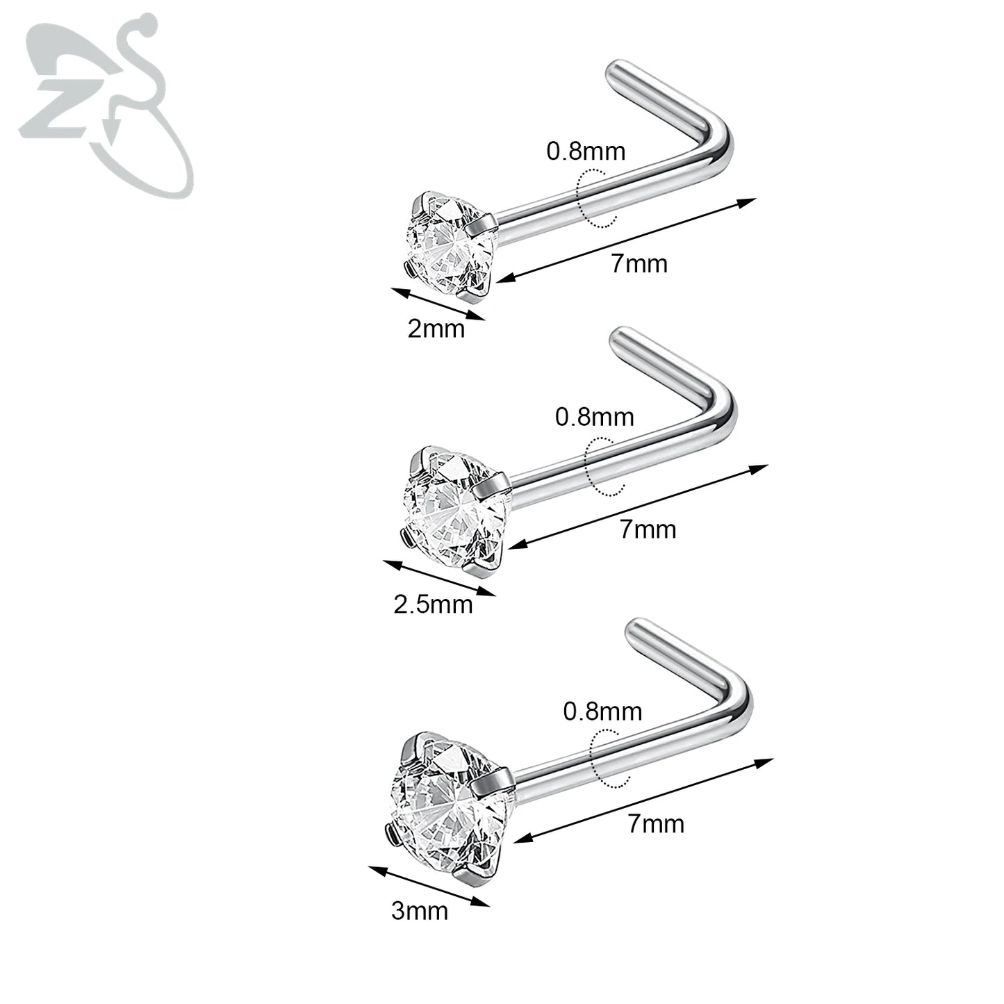 ZS 3-12pcs/lot 20G Stainless Steel Nose Stud Set for Women CZ Crystal Round Nose Piercings L Shape Nostril Piercing Body Jewelry