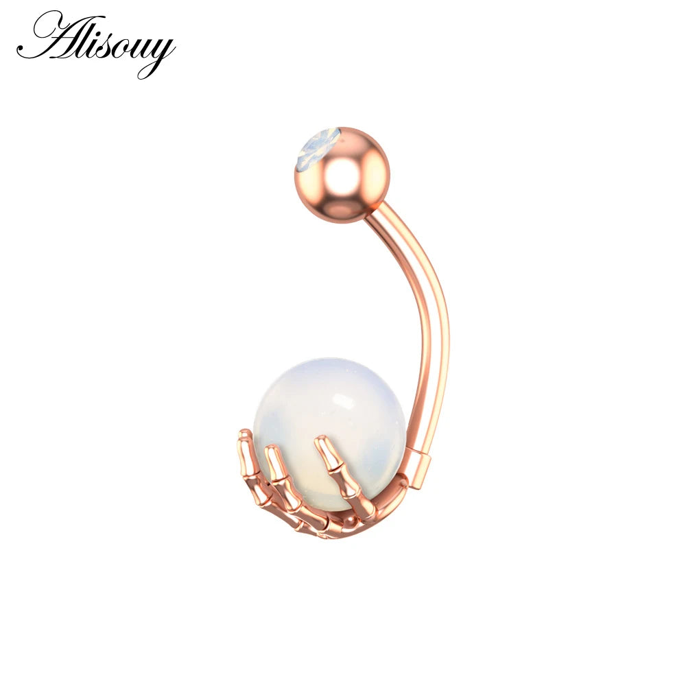 Alisouy 1pc 14G Belly Button Rings Piercing Surgical Steel Zircon Stone Opal Center Claw Shape Women Navel Rings Ombligo Jewelry