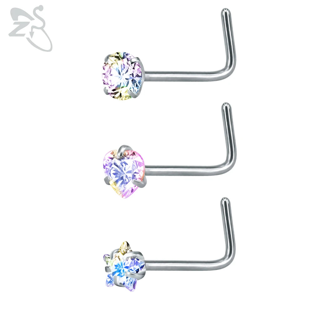 ZS 3-12pcs/lot 20G Stainless Steel Nose Stud Set for Women CZ Crystal Round Nose Piercings L Shape Nostril Piercing Body Jewelry