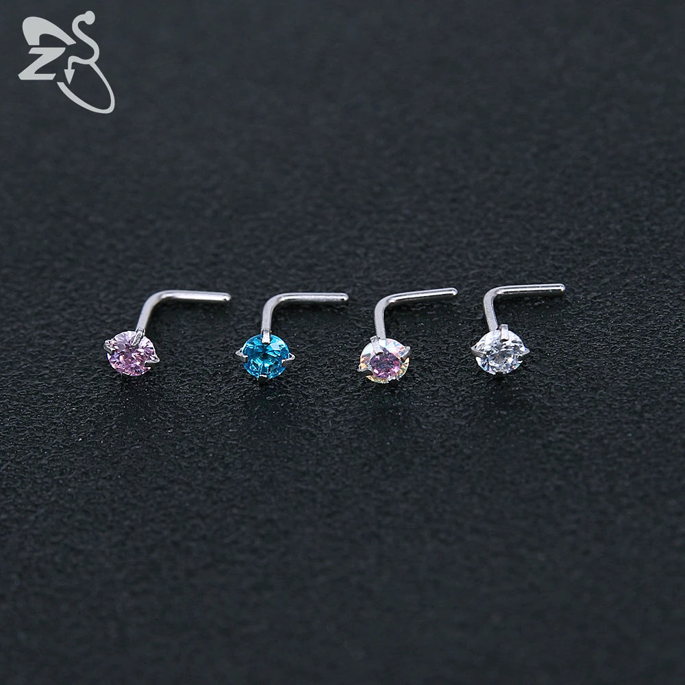 ZS 3-12pcs/lot 20G Stainless Steel Nose Stud Set for Women CZ Crystal Round Nose Piercings L Shape Nostril Piercing Body Jewelry