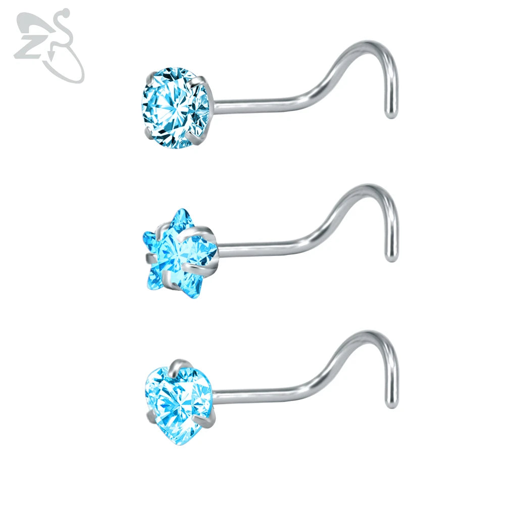 ZS 3-12pcs/lot 20G Stainless Steel Nose Stud Set for Women CZ Crystal Round Nose Piercings L Shape Nostril Piercing Body Jewelry