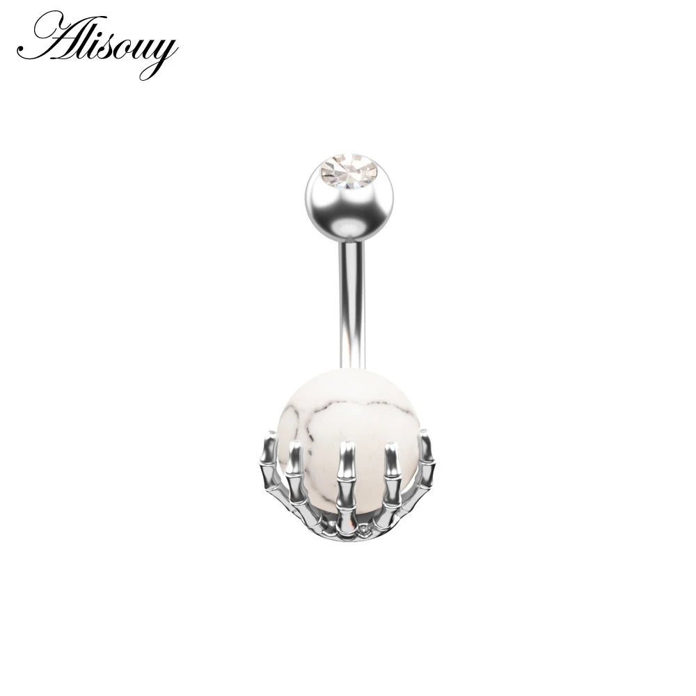 Alisouy 1pc 14G Belly Button Rings Piercing Surgical Steel Zircon Stone Opal Center Claw Shape Women Navel Rings Ombligo Jewelry