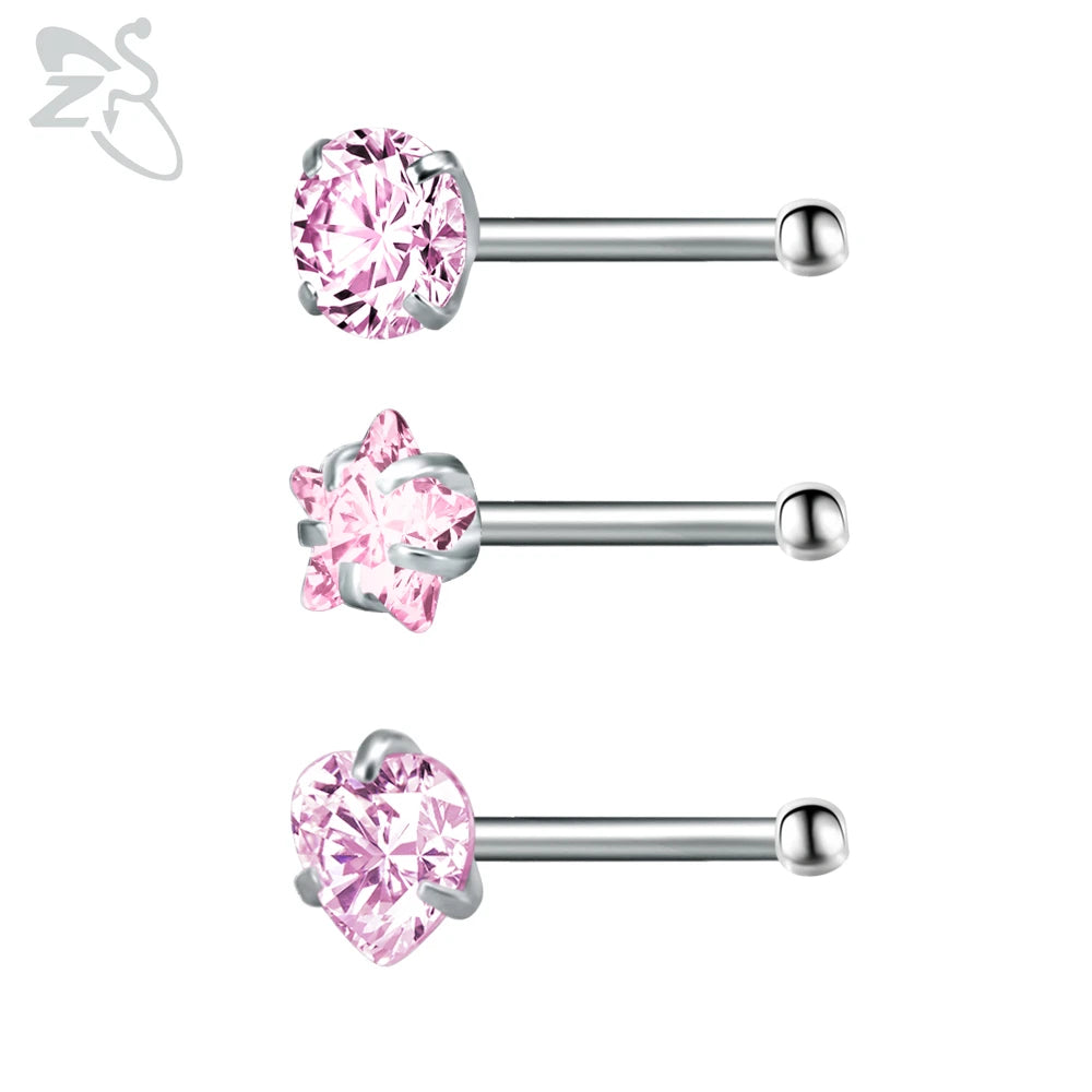 ZS 3-12pcs/lot 20G Stainless Steel Nose Stud Set for Women CZ Crystal Round Nose Piercings L Shape Nostril Piercing Body Jewelry