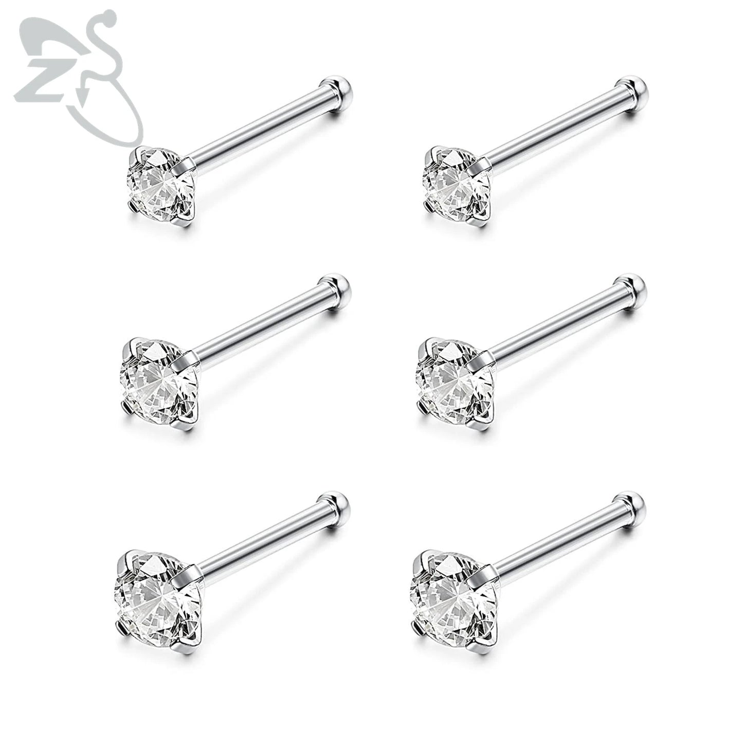ZS 3-12pcs/lot 20G Stainless Steel Nose Stud Set for Women CZ Crystal Round Nose Piercings L Shape Nostril Piercing Body Jewelry