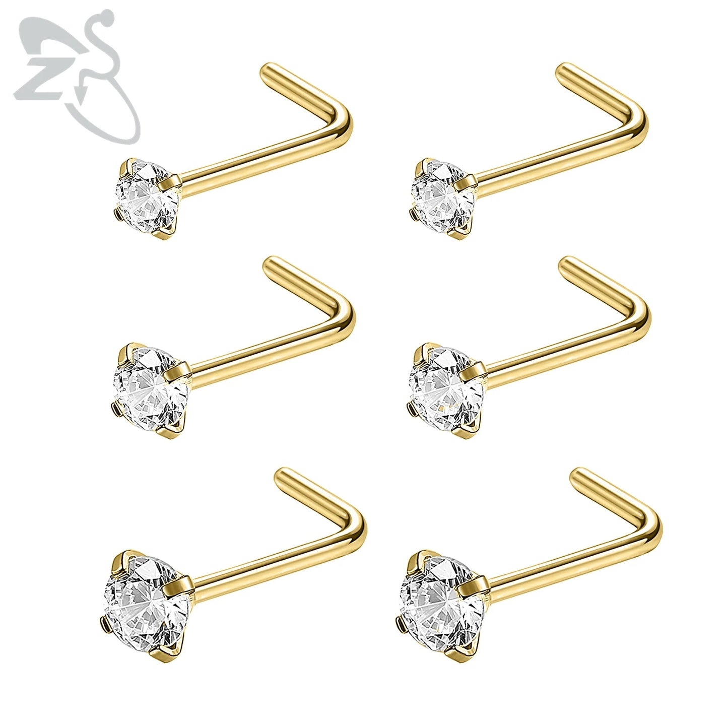 ZS 3-12pcs/lot 20G Stainless Steel Nose Stud Set for Women CZ Crystal Round Nose Piercings L Shape Nostril Piercing Body Jewelry