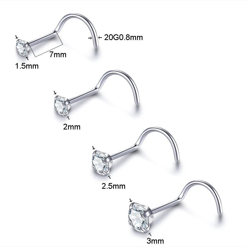 Implant Titanium Nose Stud Ring Set Round CZ Crystal Nose Piercings 1.5/2/2.5/3MM Screw Nostril Piercing Earring Jewelry 20G