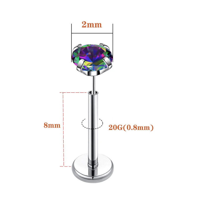 20G Flact Back Earrings Stud Hypoallergenic Stainless Steel Threadless Tragus Cartilage Helix Lip Medusa Piercing Jewelry