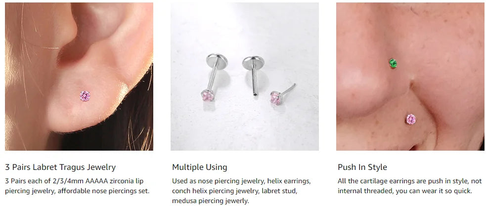 20G Flact Back Earrings Stud Hypoallergenic Stainless Steel Threadless Tragus Cartilage Helix Lip Medusa Piercing Jewelry