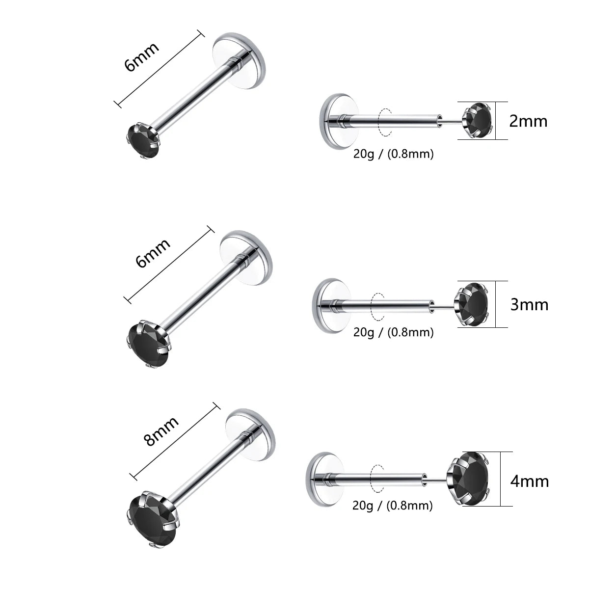 20G Flact Back Earrings Stud Hypoallergenic Stainless Steel Threadless Tragus Cartilage Helix Lip Medusa Piercing Jewelry