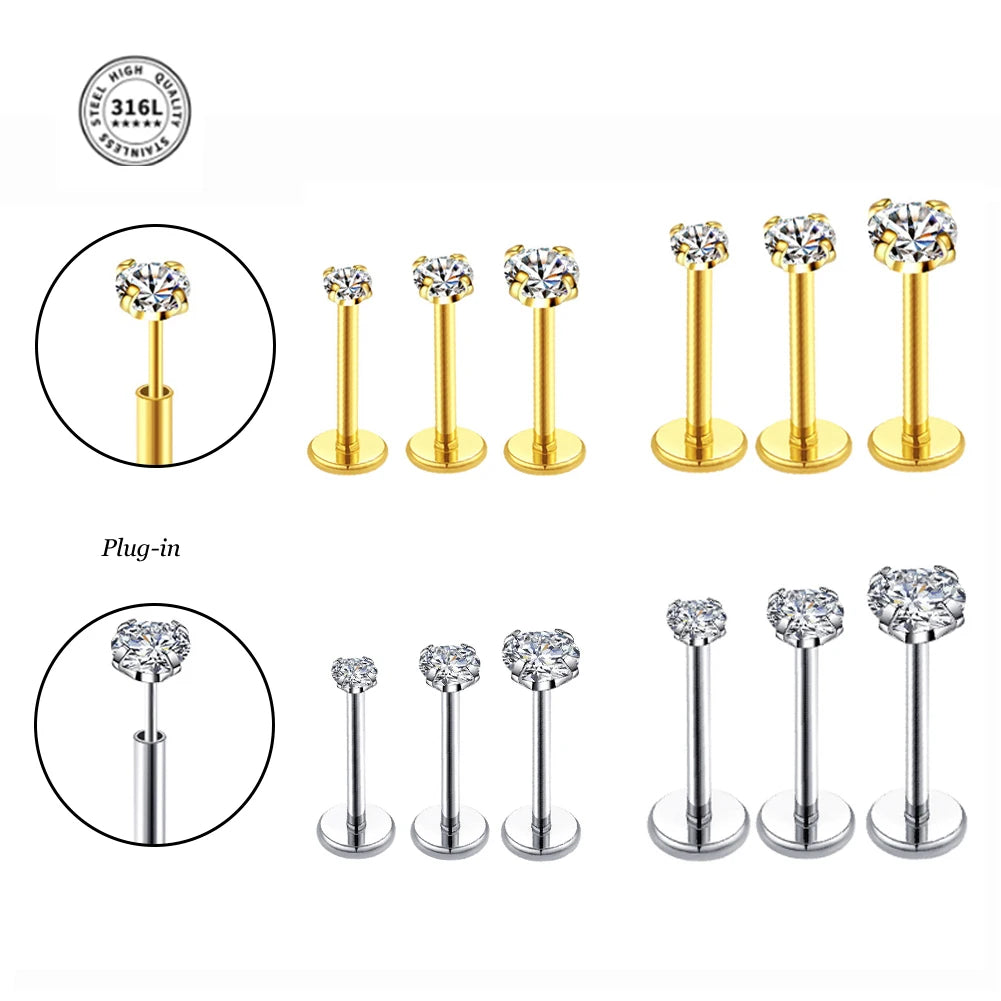 20G Flact Back Earrings Stud Hypoallergenic Stainless Steel Threadless Tragus Cartilage Helix Lip Medusa Piercing Jewelry