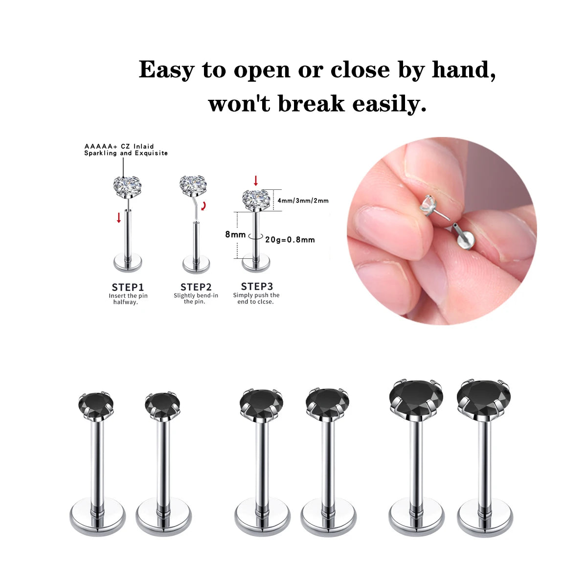 20G Flact Back Earrings Stud Hypoallergenic Stainless Steel Threadless Tragus Cartilage Helix Lip Medusa Piercing Jewelry