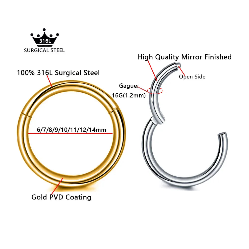 316L Surgical Steel Clicker Segment Nose Rings Base Septum Piercing Daith Conch Hoop Earrings for Women Men 16G 18G 20G 6-14mm