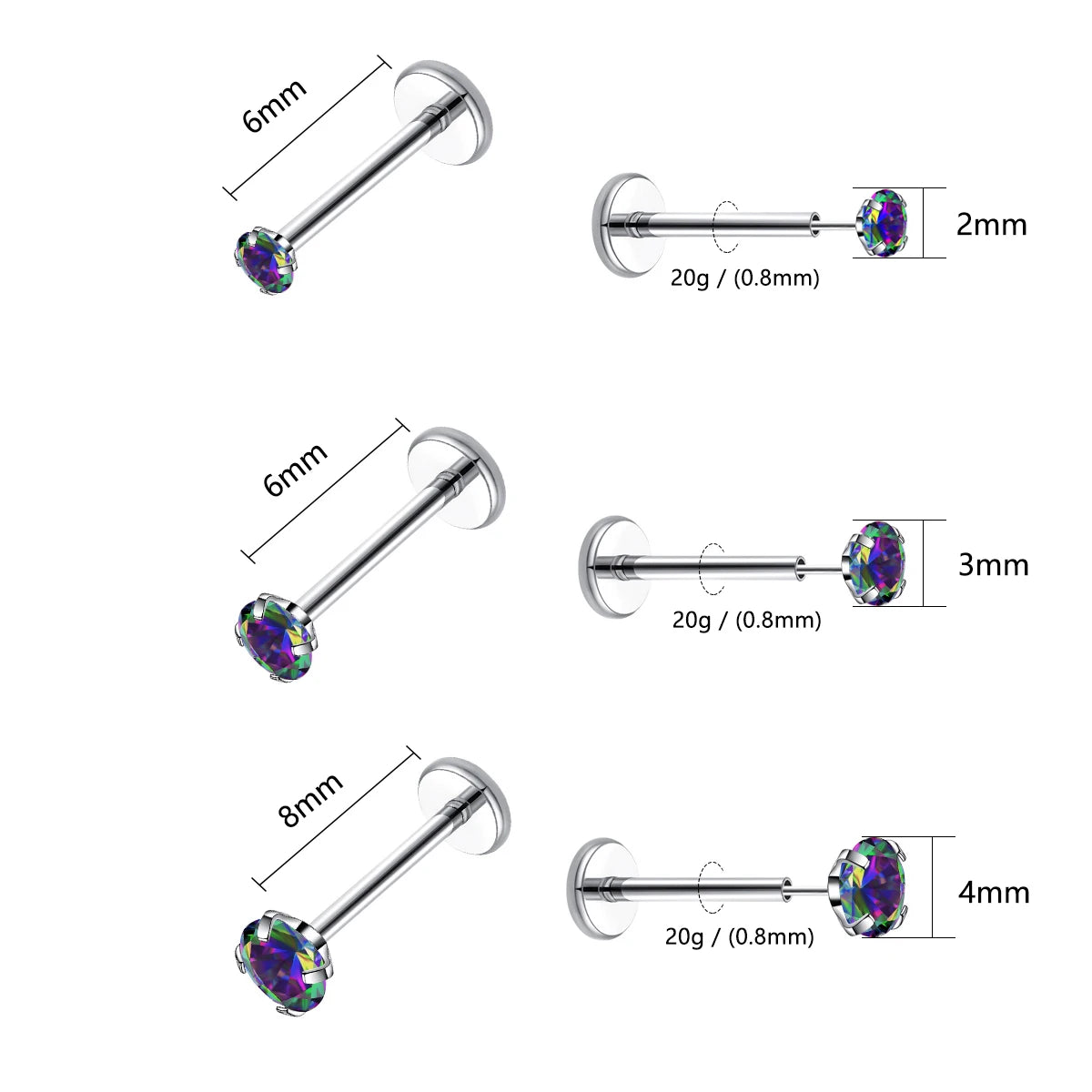 20G Flact Back Earrings Stud Hypoallergenic Stainless Steel Threadless Tragus Cartilage Helix Lip Medusa Piercing Jewelry