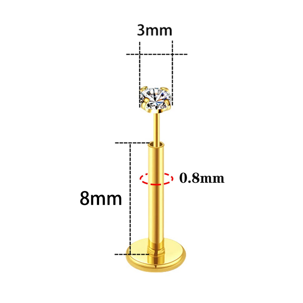20G Flact Back Earrings Stud Hypoallergenic Stainless Steel Threadless Tragus Cartilage Helix Lip Medusa Piercing Jewelry