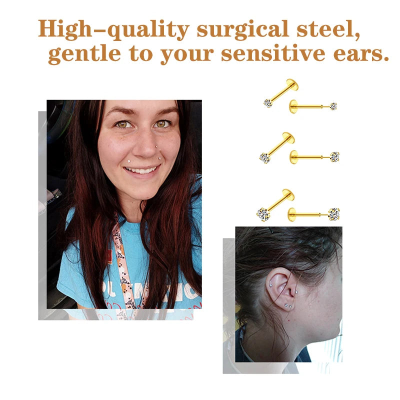20G Flact Back Earrings Stud Hypoallergenic Stainless Steel Threadless Tragus Cartilage Helix Lip Medusa Piercing Jewelry